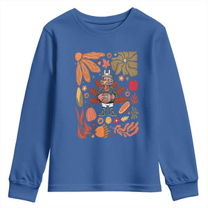 Thanksgiving Turkey And Touchdowns Football Youth Sweatshirt Boho Floral Game Day Fall Vibes TS10 Royal Blue Print Your Wear