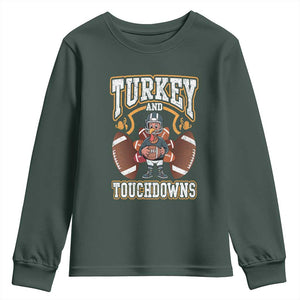 Thanksgiving Turkey And Touchdowns Football Youth Sweatshirt Game Day TS10 Dark Forest Green Print Your Wear