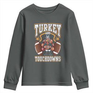 Thanksgiving Turkey And Touchdowns Football Youth Sweatshirt Game Day TS10 Dark Heather Print Your Wear