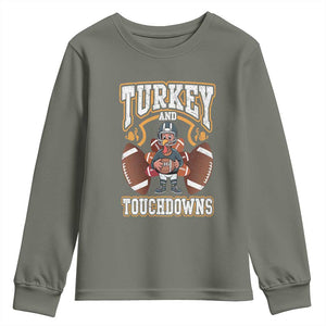 Thanksgiving Turkey And Touchdowns Football Youth Sweatshirt Game Day TS10 Military Green Print Your Wear