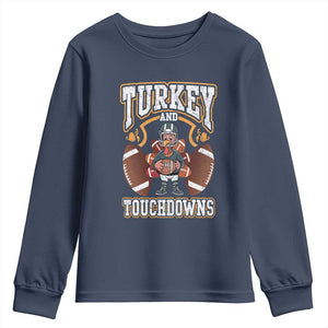 Thanksgiving Turkey And Touchdowns Football Youth Sweatshirt Game Day TS10 Navy Print Your Wear