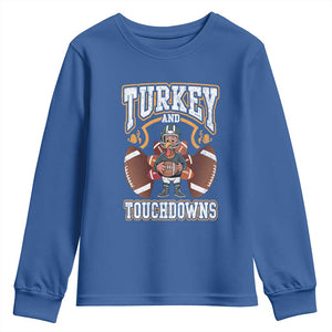 Thanksgiving Turkey And Touchdowns Football Youth Sweatshirt Game Day TS10 Royal Blue Print Your Wear