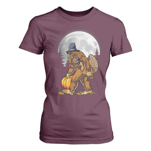 Bigfoot Pilgrim Turkey Pumpkin Thanksgiving Day T Shirt For Women Sasquatch TS10 Maroon Print Your Wear