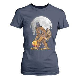 Bigfoot Pilgrim Turkey Pumpkin Thanksgiving Day T Shirt For Women Sasquatch TS10 Navy Print Your Wear