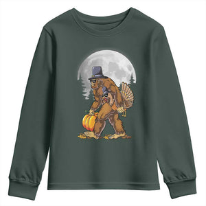 Bigfoot Pilgrim Turkey Pumpkin Thanksgiving Day Youth Sweatshirt Sasquatch TS10 Dark Forest Green Print Your Wear