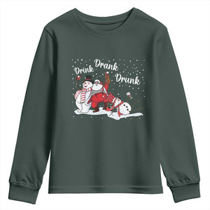 Funny Christmas Drinking Youth Sweatshirt Xmas Party Drunk Santa Snowman Drinking Wine TS10 Dark Forest Green Print Your Wear