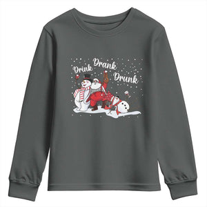 Funny Christmas Drinking Youth Sweatshirt Xmas Party Drunk Santa Snowman Drinking Wine TS10 Dark Heather Print Your Wear