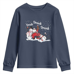 Funny Christmas Drinking Youth Sweatshirt Xmas Party Drunk Santa Snowman Drinking Wine TS10 Navy Print Your Wear