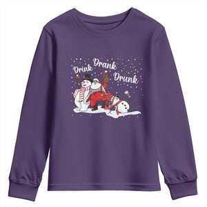 Funny Christmas Drinking Youth Sweatshirt Xmas Party Drunk Santa Snowman Drinking Wine TS10 Purple Print Your Wear