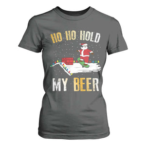 Christmas Beer T Shirt For Women Funny Santa Ho Ho Hold My Beer Skateboard Roof TS10 Dark Heather Print Your Wear