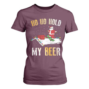 Christmas Beer T Shirt For Women Funny Santa Ho Ho Hold My Beer Skateboard Roof TS10 Maroon Print Your Wear