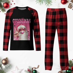 Pink Santa Retro Christmas Plaid Pajama Set Blowing Bubble Pink Xmas Matching Family Group Party TS10 Buffalo Plaid Print Your Wear