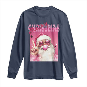 Pink Santa Retro Christmas Long Sleeve Shirt Blowing Bubble Pink Xmas Matching Family Group Party TS10 Navy Print Your Wear