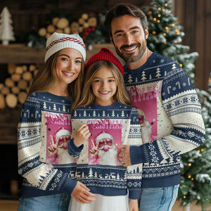 Pink Santa Retro Christmas Ugly Christmas Sweater Blowing Bubble Pink Xmas Matching Family Group Party TS10 Navy Print Your Wear