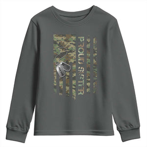 Personalized Proud Army Sister Youth Sweatshirt Custom Name Dog Tag Camo American Flag Gift TS10 Dark Heather Print Your Wear