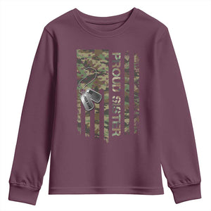 Personalized Proud Army Sister Youth Sweatshirt Custom Name Dog Tag Camo American Flag Gift TS10 Maroon Print Your Wear