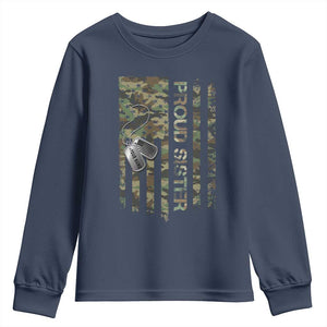 Personalized Proud Army Sister Youth Sweatshirt Custom Name Dog Tag Camo American Flag Gift TS10 Navy Print Your Wear