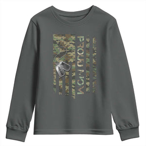Personalized Proud Army Mom Youth Sweatshirt Custom Name Dog Tag Camo American Flag Gift TS10 Dark Heather Print Your Wear