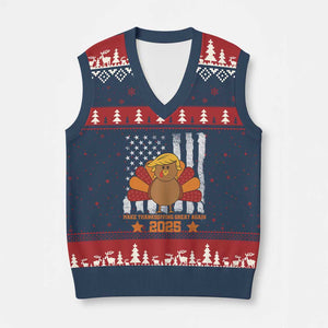 Funny Thanksgiving Trump 2025 V-Neck Knit Sweater Vest Make Thanksgivings Great Again Turkey American Flag TS10 Navy Red Print Your Wear