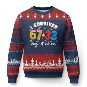 I Survived 67 33 Days Of School Ugly Christmas Sweater Funny Six Seven Meme Boys Kids 100th Day TS10 Navy Red Print Your Wear