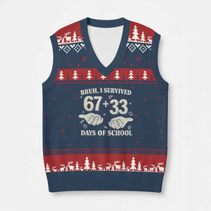 Bruh I Survived 100 Days of School V-Neck Knit Sweater Vest 67 33 Six Seven Hands Meme Funny Gen Alpha TS10 Navy Red Print Your Wear