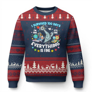I Survived 100 Days Of School Ugly Christmas Sweater Funny Pigeon 100th Day Teacher TS10 Navy Red Print Your Wear
