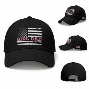 Personalised Dad Of Girl Baseball Cap Custom Year Daddy Fathers Day USA Flag TS10 Baseball Cap Universal Fit Black Print Your Wear