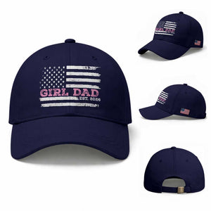 Personalised Dad Of Girl Baseball Cap Custom Year Daddy Fathers Day USA Flag TS10 Baseball Cap Universal Fit Dark Blue Print Your Wear