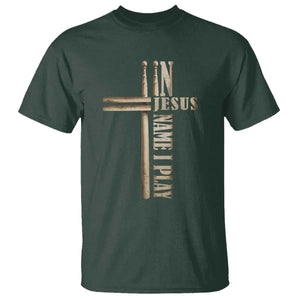 Christian Drummer T Shirt In Jesus Name I Play Drumstick Cross Drums Percussionist TS10 Dark Forest Green Print Your Wear