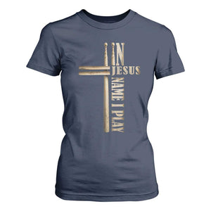 Christian Drummer T Shirt For Women In Jesus Name I Play Drumstick Cross Drums Percussionist TS10 Navy Print Your Wear