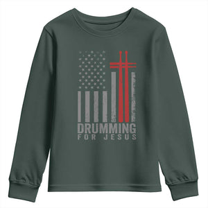 Christian Drummer Youth Sweatshirt Drumming For Jesus Cross USA Flag Percussionist TS10 Dark Forest Green Print Your Wear