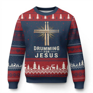 Christian Drummer Ugly Christmas Sweater Drumming For Jesus Drumstick Cross Percussionist TS10 Navy Red Print Your Wear