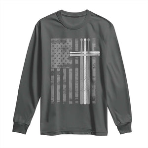 Christian Drummer Long Sleeve Shirt American Flag Drumsticks Religious Faith Cross Patriotic TS10 Dark Heather Print Your Wear