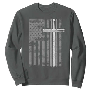 Christian Drummer Sweatshirt American Flag Drumsticks Religious Faith Cross Patriotic TS10 Dark Heather Print Your Wear