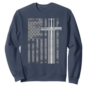 Christian Drummer Sweatshirt American Flag Drumsticks Religious Faith Cross Patriotic TS10 Navy Print Your Wear