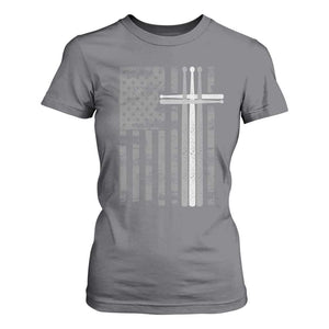 Christian Drummer T Shirt For Women American Flag Drumsticks Religious Faith Cross Patriotic TS10 Charcoal Print Your Wear
