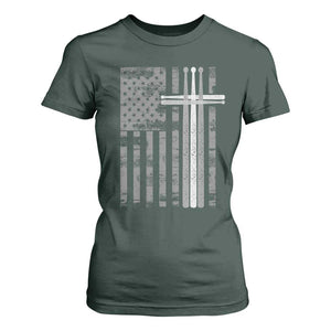 Christian Drummer T Shirt For Women American Flag Drumsticks Religious Faith Cross Patriotic TS10 Dark Forest Green Print Your Wear