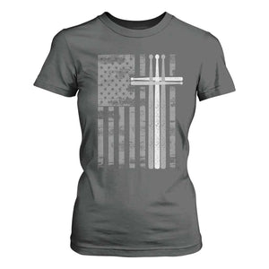 Christian Drummer T Shirt For Women American Flag Drumsticks Religious Faith Cross Patriotic TS10 Dark Heather Print Your Wear