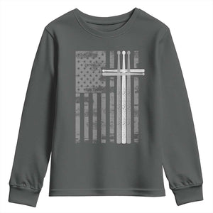 Christian Drummer Youth Sweatshirt American Flag Drumsticks Religious Faith Cross Patriotic TS10 Dark Heather Print Your Wear