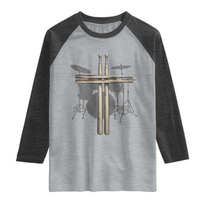 Christian Drummer Raglan Shirt Drum Sticks Cross Percussionist Jesus Church TS10 Heather Gray Heather Charcoal Print Your Wear
