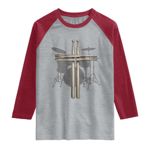 Christian Drummer Raglan Shirt Drum Sticks Cross Percussionist Jesus Church TS10 Heather Gray Heather Red Print Your Wear