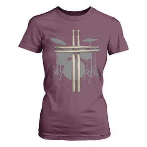 Christian Drummer T Shirt For Women Drum Sticks Cross Percussionist Jesus Church TS10 Maroon Print Your Wear