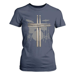 Christian Drummer T Shirt For Women Drum Sticks Cross Percussionist Jesus Church TS10 Navy Print Your Wear