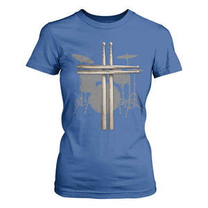 Christian Drummer T Shirt For Women Drum Sticks Cross Percussionist Jesus Church TS10 Royal Blue Print Your Wear