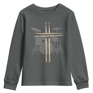 Christian Drummer Youth Sweatshirt Drum Sticks Cross Percussionist Jesus Church TS10 Dark Heather Print Your Wear