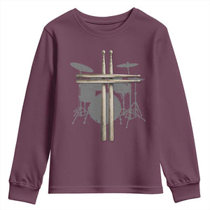 Christian Drummer Youth Sweatshirt Drum Sticks Cross Percussionist Jesus Church TS10 Maroon Print Your Wear