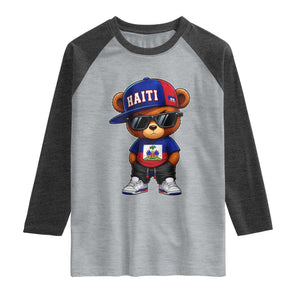 Cute Haiti Raglan Shirt Hip Hop Teddy Bear Haitian Flag Ayiti Roots