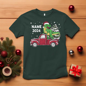 Personalized Dinosaur Christmas T Shirt Custom Name Merry Rexmas Xmas Pet Dino Trex Red Truck Family TS10 Dark Forest Green Print Your Wear