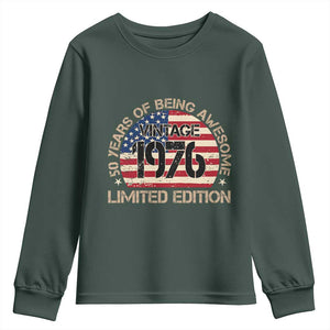 50th Birthday Youth Sweatshirt Vintage 1976 50 Year Old Birthday USA Flag TS10 Dark Forest Green Print Your Wear