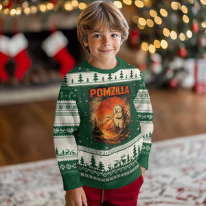 Pomzilla Dog Japanese Art Ugly Christmas Sweater Retro Vintage Dog Lover Pomeranian Pom Monster Kaiju TS10 Forest Green Beige Print Your Wear